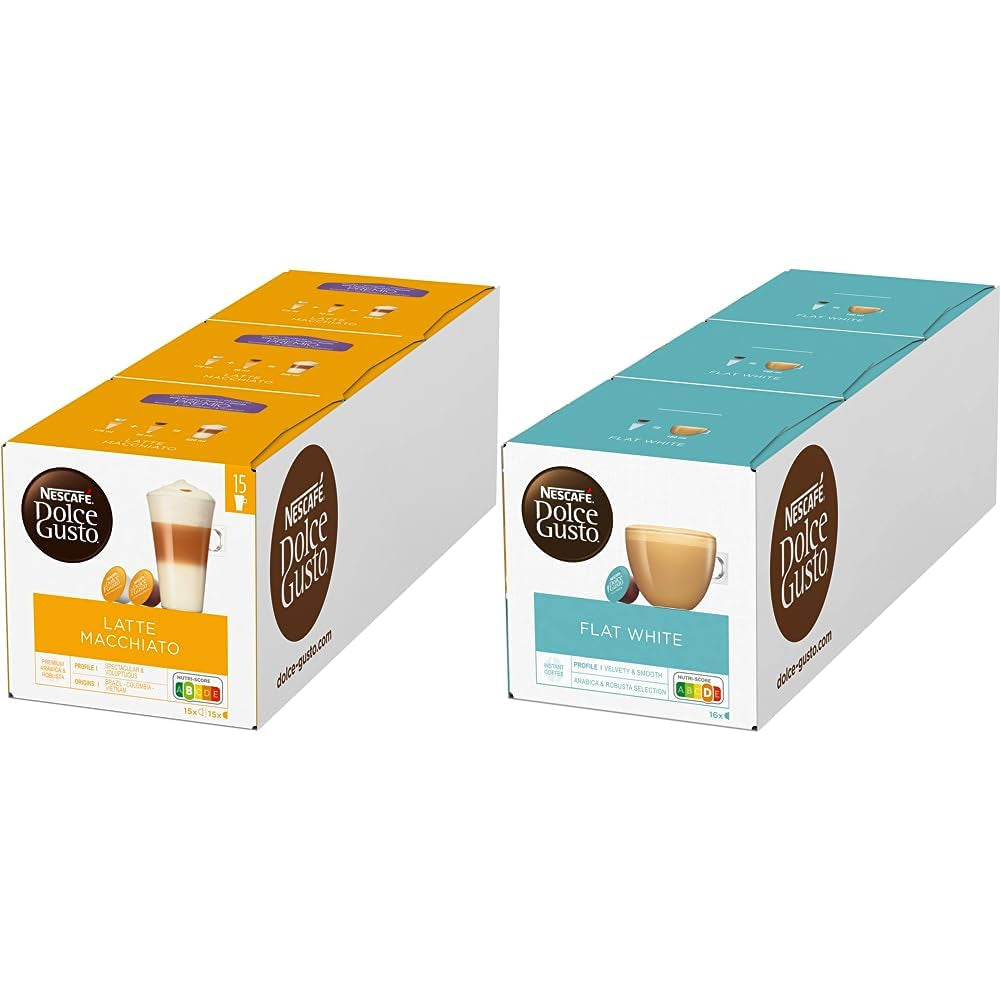 NESCAFÉ Dolce Gusto Latte Macchiato Vorratsbox 90 Kaffeekapseln & Flat White, 48 Kaffeekapseln, Arabica i Robusta Bohnen