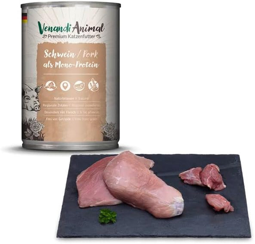 Venandi - Mokra karma dla kotów Premium - wieprzowina jako pojedyncze białko, 6 x 400 g (opakowanie 6 szt.), bez zbóż, z dodatkiem mięsa