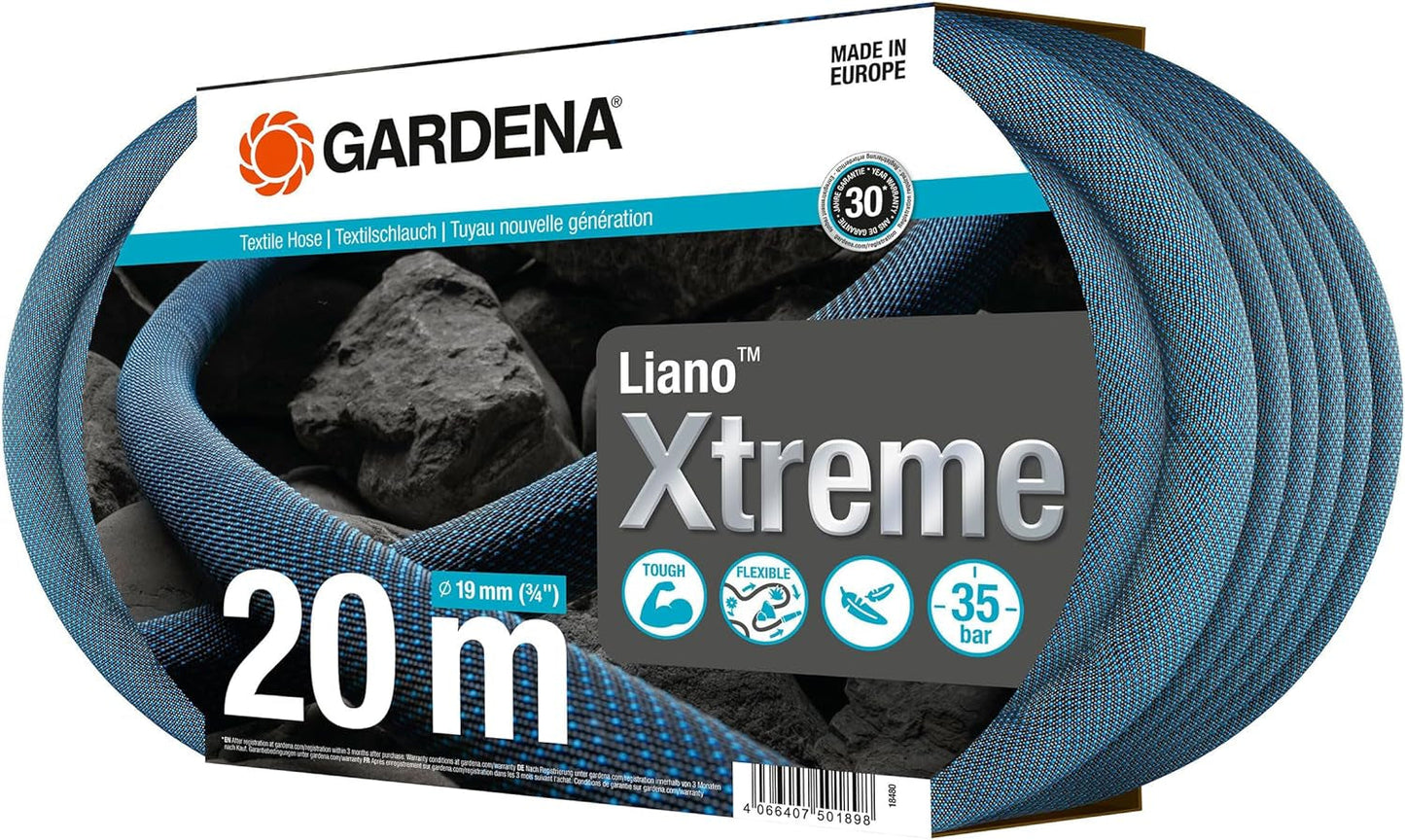 Gardena Liano Xtreme zestaw 3/4 cala, 20 m: wyjątkowo wytrzymały tekstylny wąż ogrodowy z lekkim, odpornym na warunki atmosferyczne wężem wewnętrznym z PVC (18480-20)