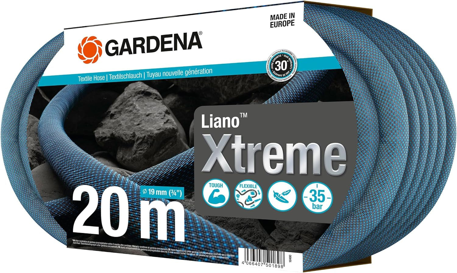 Gardena Liano Xtreme zestaw 3/4 cala, 20 m: wyjątkowo wytrzymały tekstylny wąż ogrodowy z lekkim, odpornym na warunki atmosferyczne wężem wewnętrznym z PVC (18480-20)