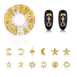 4 pudełka Nagel Art Strass, 3D Nagel Art Dekoracje, Mix Größe Nagel Perlen Glitter Strass Gold Metall Hohlniet Nagelkunst Stern Mond Sonne Nagel Zubehör Für DIY Nageldesign
