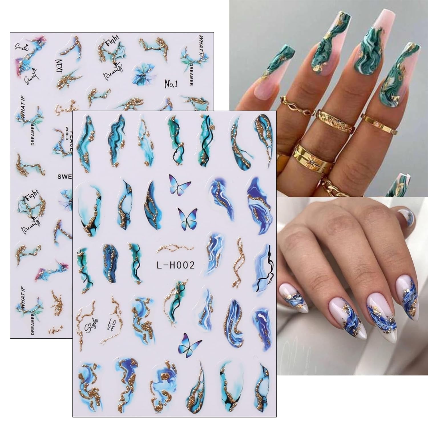 Jmeowio JMEOWIO Nagelsticker Marmor Französische Spitze 10 Blatt Nail Art Naklejka Selbstklebend Nagelaufkleber Bunt Dekoration Nageldesign Zubehör