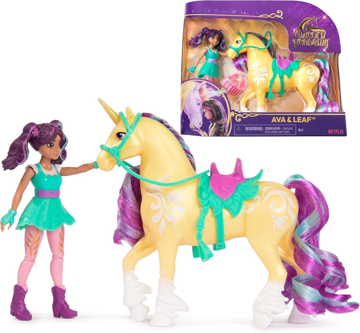 Zestaw Unicorn Academy AVA i liść jednorożca - oryginalne figurki o wysokości około 12 cm z popularnej serii Netflix Z dwoma akcesoriami i szczotkami do włosów Do pomysłowego odgrywania ról, dla dzieci w wieku od 4 lat Figurki Naty Shop Domyślny tytuł