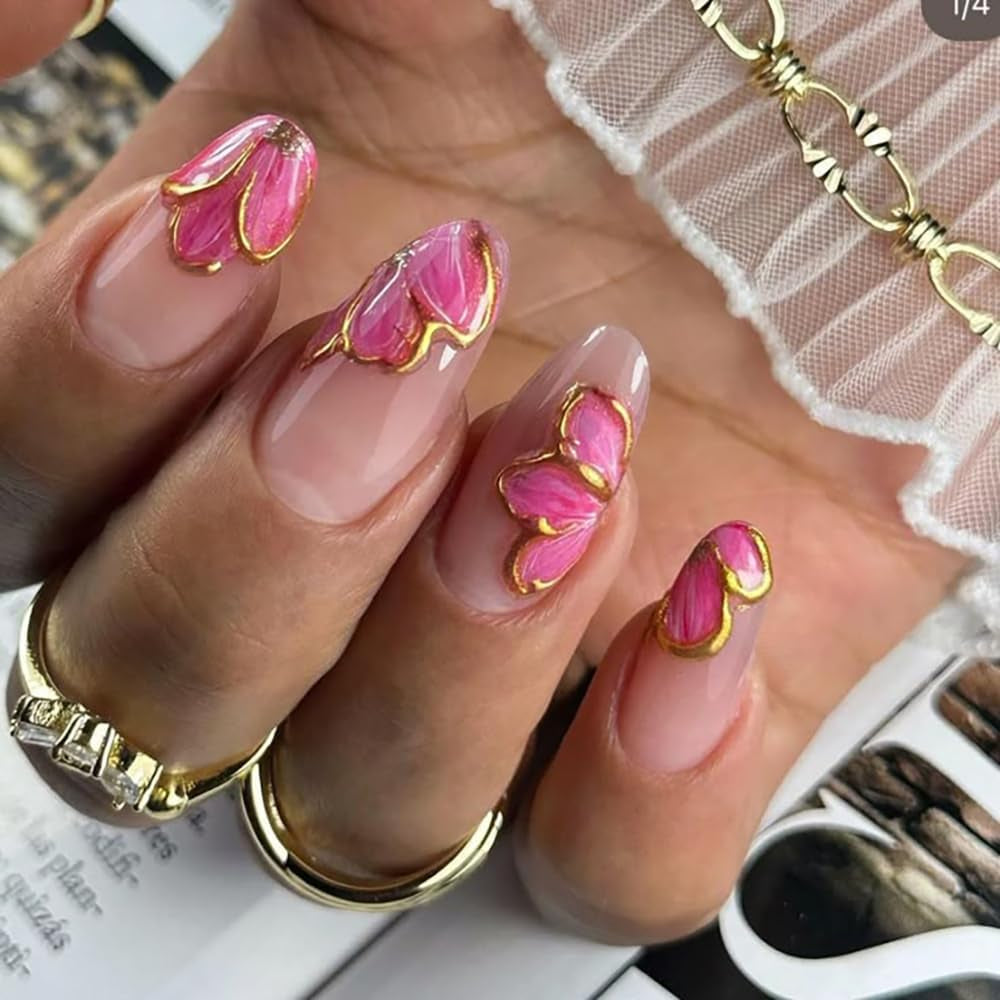 Złota Linie Schieber Rosa Nagelsticker Blumen 3D Kwiatowa naklejka na paznokcie Sakura Blütenblätter Blumen Nagelaufkleber Frühling Sommer Floral Nagel Naklejka Kwiaty Nagel Naklejki Nageldesign Zubehör Nail Art