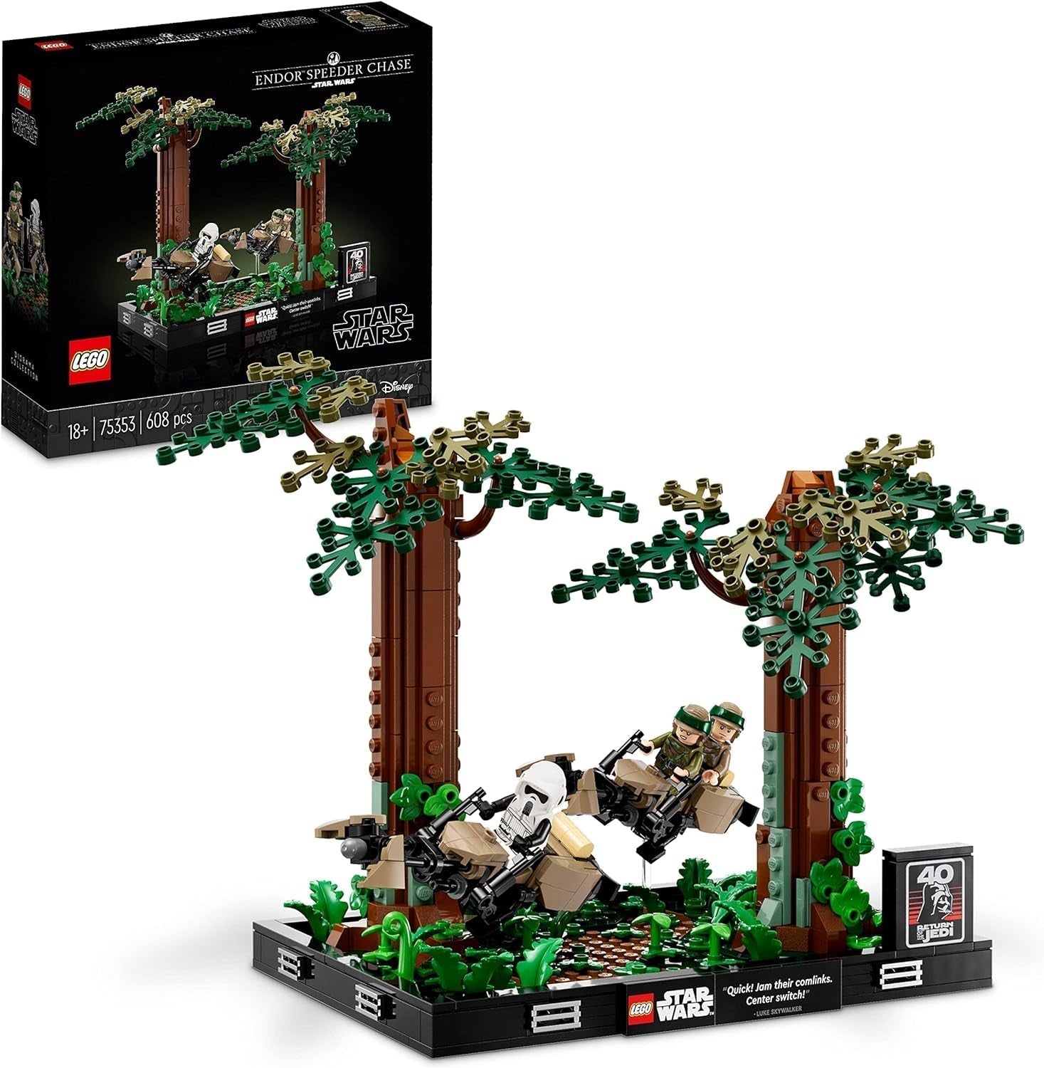 LEGO 75353 Star Wars Pościg na Endorze — zestaw dioramy, Powrót Jedi z Lukiem Skywalkerem, księżniczką Leią, żołnierzem zwiadowczym i ścigaczami, zestawy do budowania z okazji 40. rocznicy urodzin dostępne tylko w sklepie LEGO