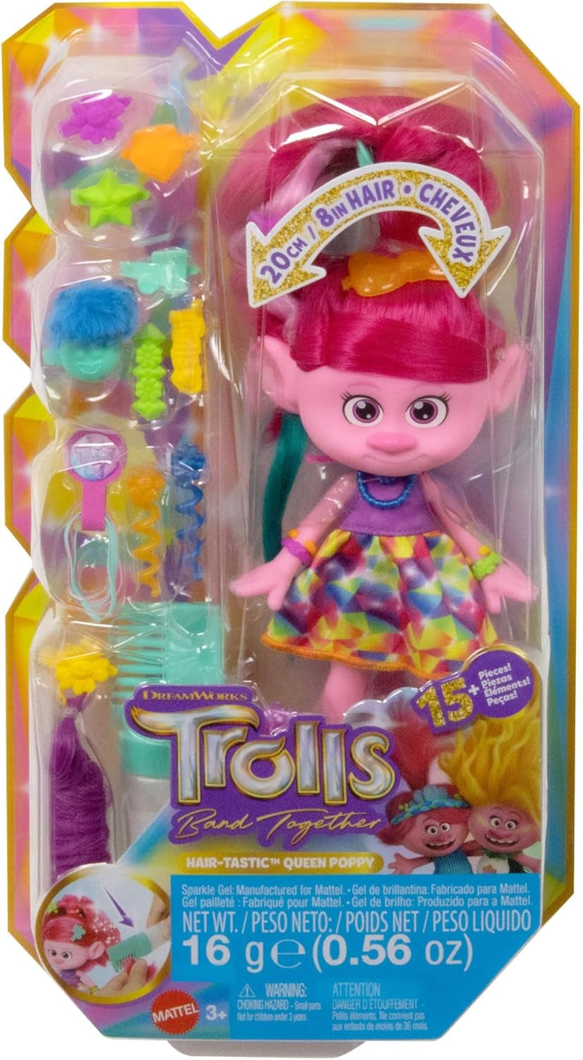 Mattel DREAMWORKS TROLLS Together Strong - smaczna lalka Queen Poppy Fashion - ponad 15 akcesoriów, brokatowy grzebień, zmywalny brokatowy żel, dla dzieci w wieku 3+, lalki HNF25 Naty Shop