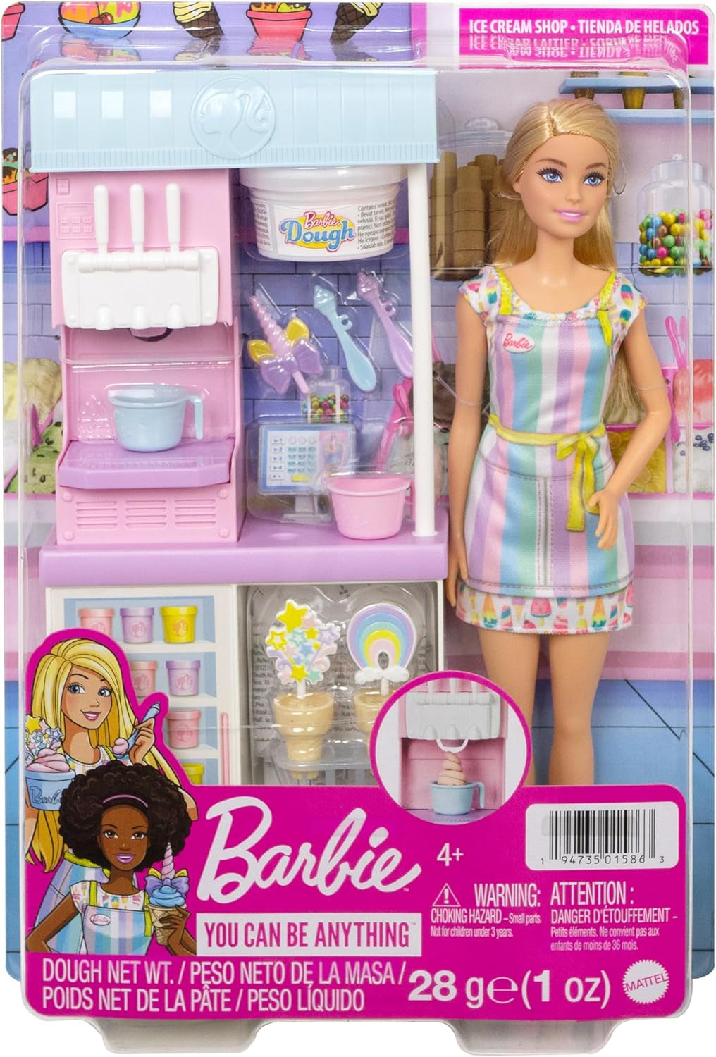 Seria Barbie Możesz być, kim chcesz, Lodziarnia, 1x Lalka Barbie z blond włosami, Maszyna do lodów, Barbie Play-Doh, Akcesoria do pieczenia, Prezent dla dzieci, Zabawka dla dzieci w wieku 3+, HCN46