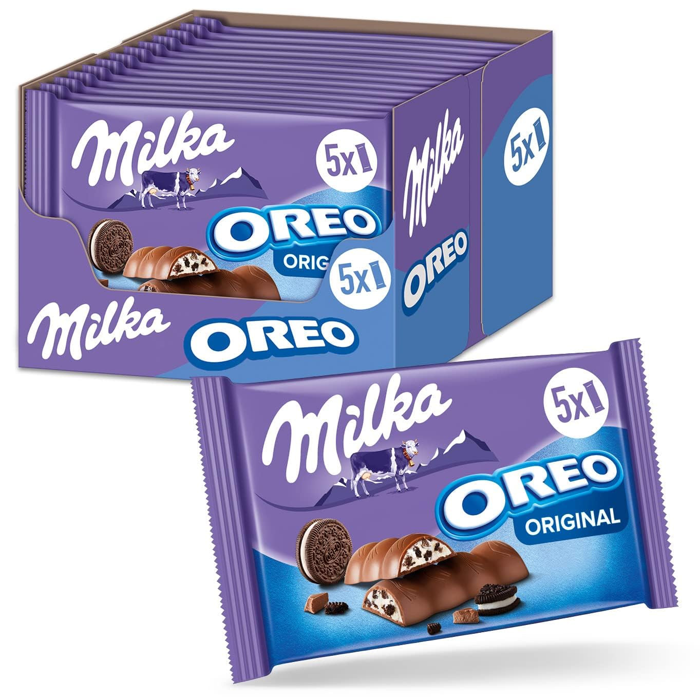 Batony Milka & OREO – Alpejska czekolada mleczna z chrupiącymi kawałkami ciastek OREO w mlecznej śmietanie – 13 x 185g