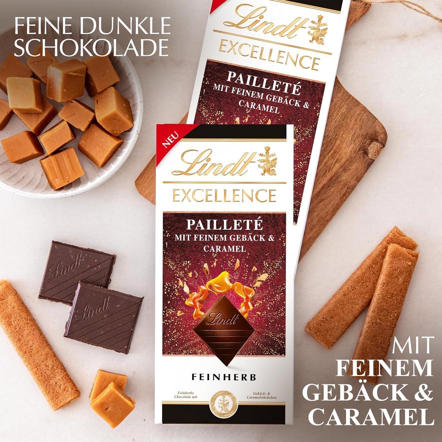 Lindt EXCELLENCE Kawałki Ciasta Z Cekinami I Karmelem - Delikatna ciemna czekolada o intensywnym smaku kakao
