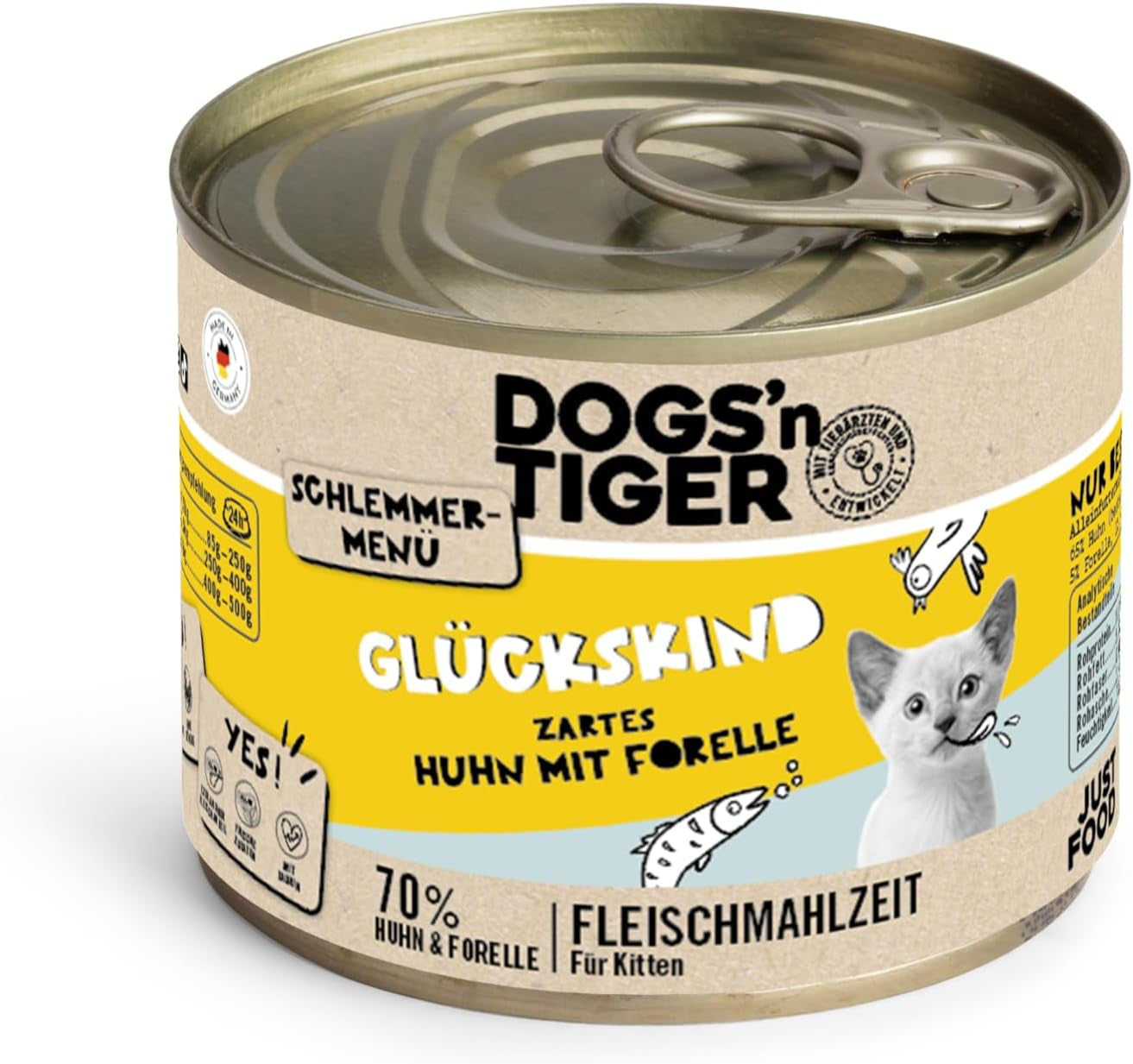 Dogs'n Tiger Schlemmermenü Glückskind, Nassfutter für Kätzchen, saftiges Hun und Forelle - ohne Getreide, Zuckerzusatz, künstliche Konservierungsstoffe, optymale Verträglichkeit, 12x 200g