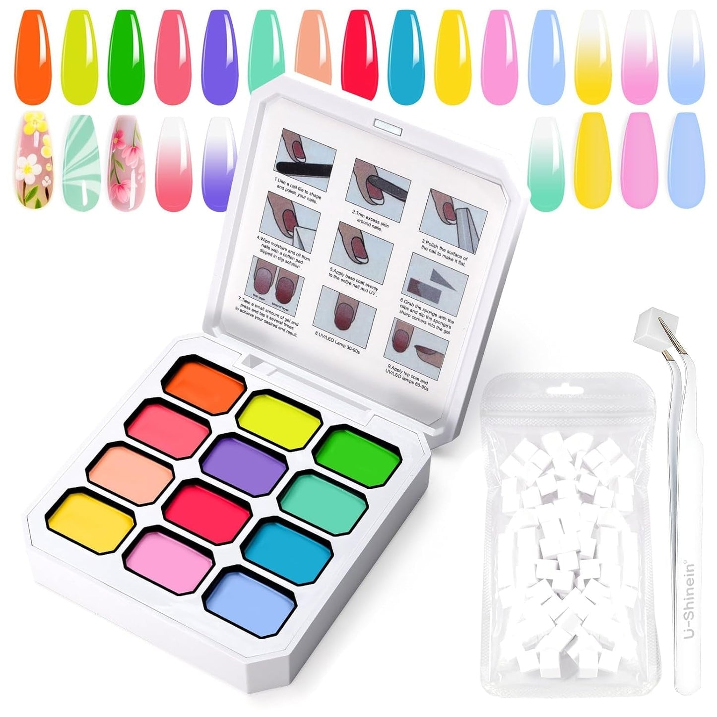 Żel do malowania gradientowego, 12 kolorów Ombre żelowy lakier do paznokci z 100 szt. Gąbeczek do paznokci i 4 pazurami Metalowy chwytak do francuskiego manicure DIY Nail Art, zestaw I