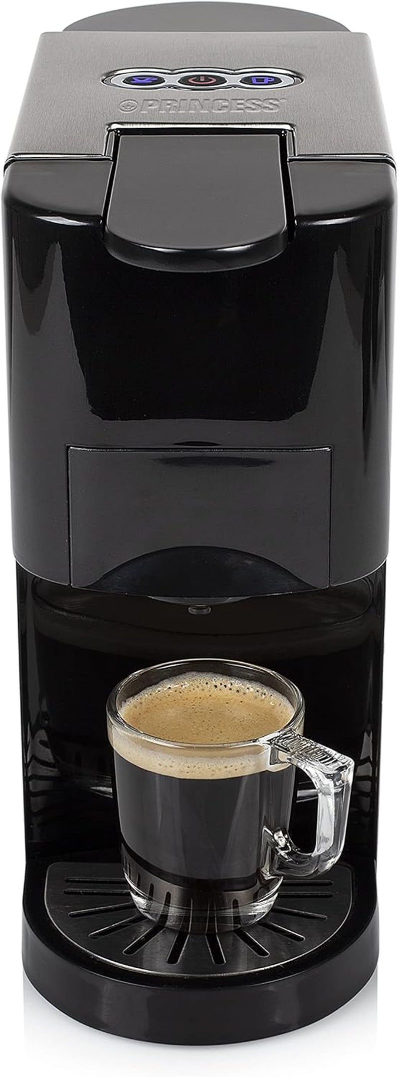 Wielokapsułkowy ekspres do kawy Princess 5 w 1 - kompatybilny z podkładkami Nespresso, Dolce Gusto, Lavazza a Modo Mio i ESE, pojemność 0,8 l, 1450 W, srebrny, czarny