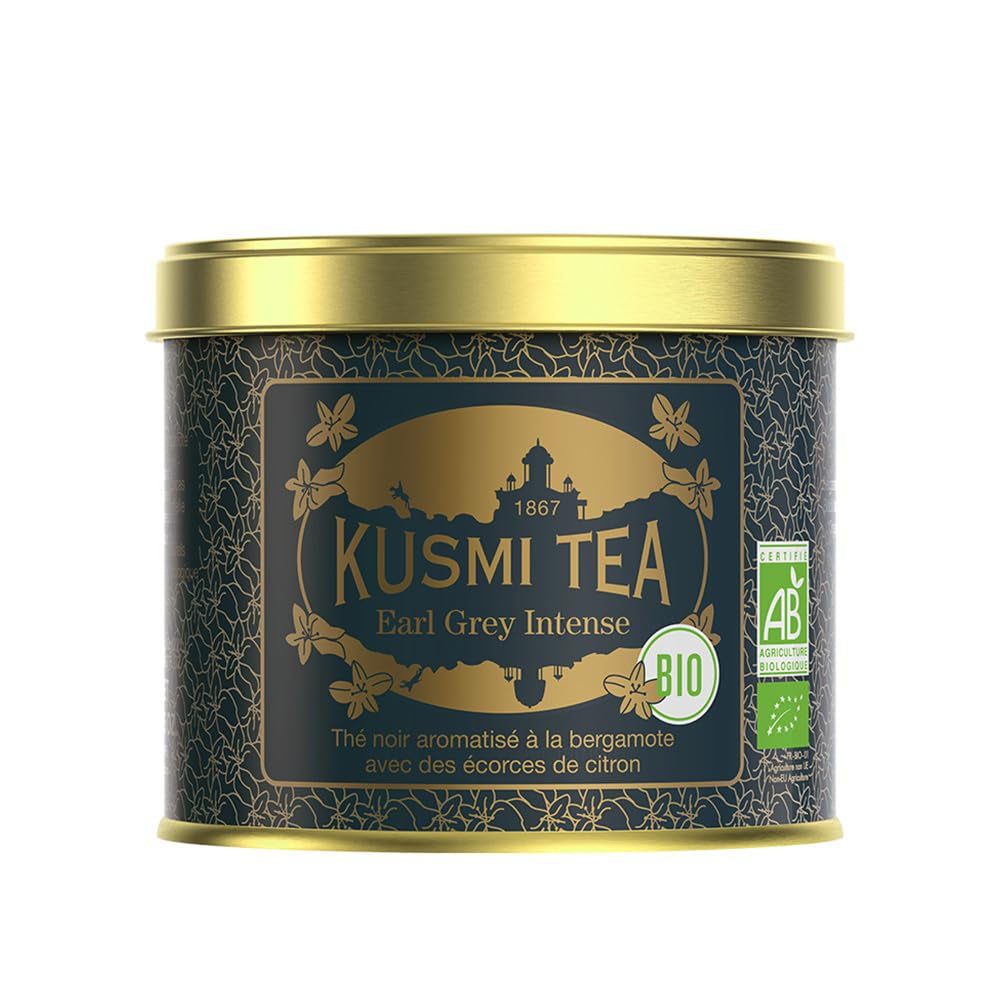 Kusmi Tea - Earl Grey Intense - Organiczna czarna herbata Earl Grey z mocną bergamotką i pikantną cytryną - Herbata sypana - 100g Metalowe pudełko - Ilość na około 50 filiżanek