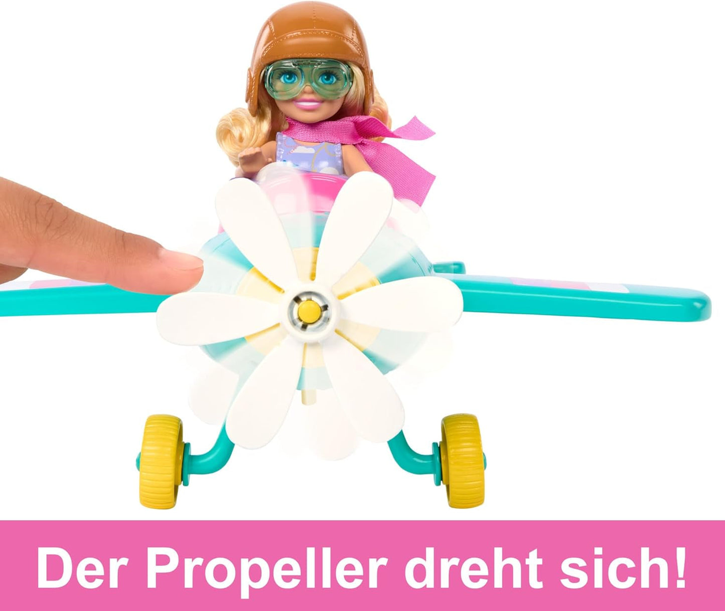 Barbie Chelsea Samolot i zestaw do zabawy – lalka pilot, samolot, rączka i akcesoria do opowieści, koła i śmigła z kwiatową nóżką, wiek 3+, HTK38 Naty Shop Dolls