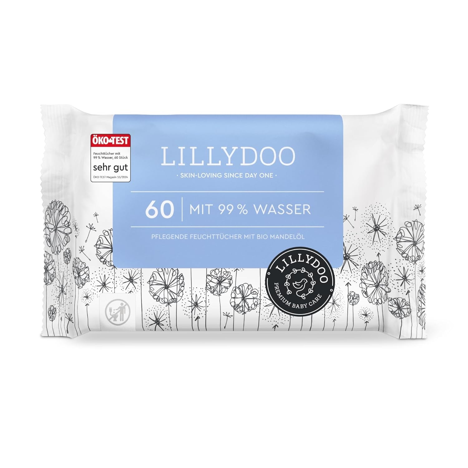 LILLYDOO Zielone chusteczki nawilżane, 600 szt. (10 x 60), odporne na rozdarcia chusteczki w 100% wolne od plastiku - bezzapachowe, delikatne i naturalne, delikatnie oczyszczają wrażliwą skórę, testowane dermatologicznie