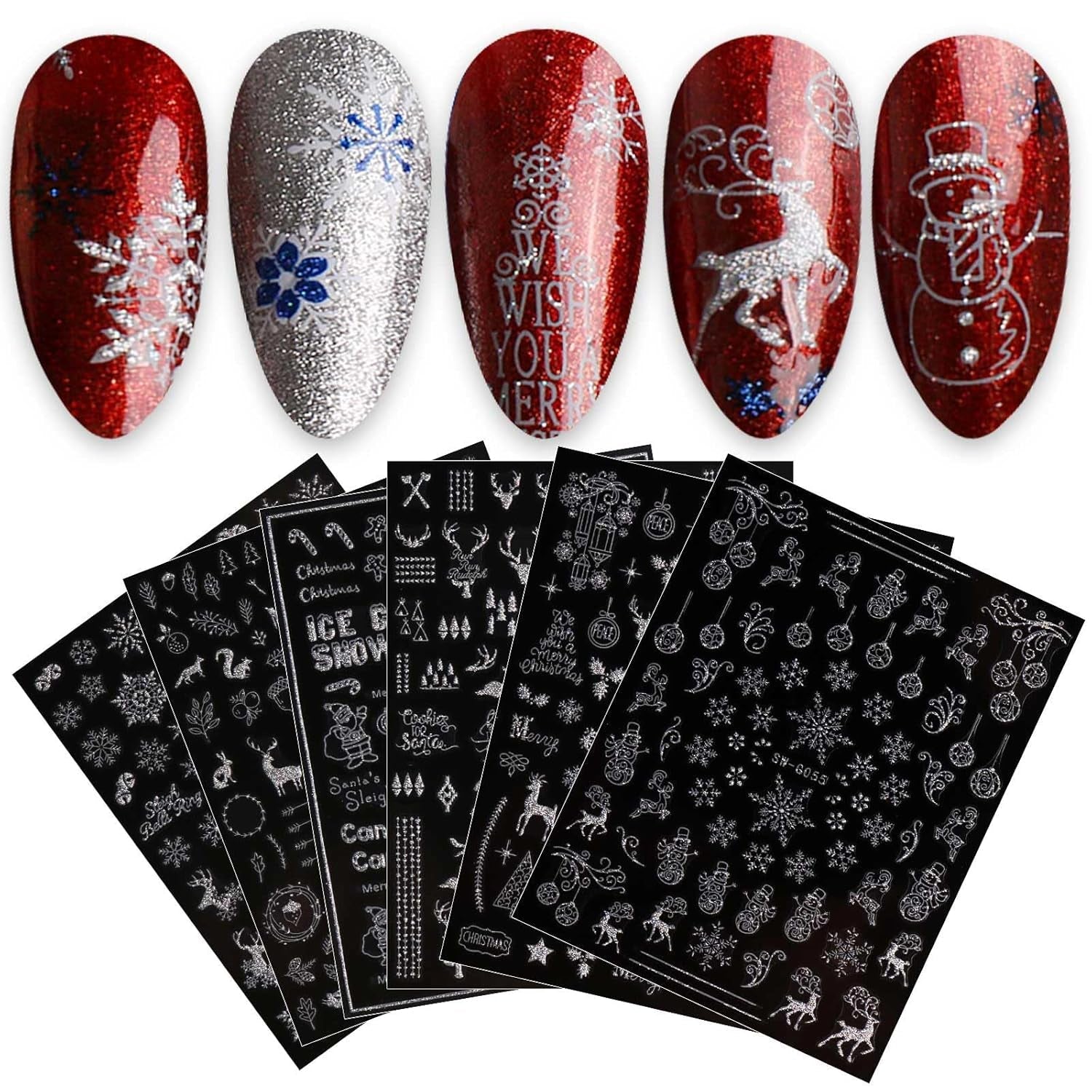 JMEOWIO Nagelsticker Weihnachten 9 Blatt Nail Art Naklejka Selbstklebend Nagelaufkleber Schneeflocke Schneemann Festival Weißes Gold Dekoration Nageldesign Zubehör