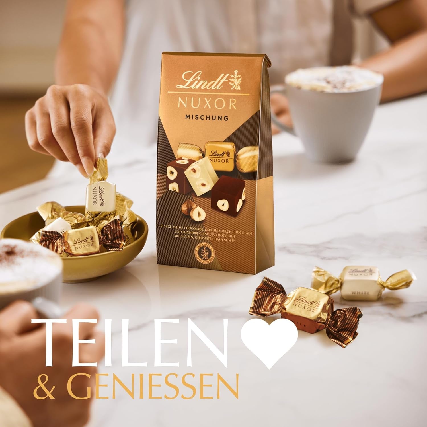 Czekolada Lindta | Mieszanka do torebki NUXOR | 103g | Gianduja Kremowe kostki czekoladowe w trzech asortymentach z prażonymi całymi orzechami laskowymi | Czekoladowy prezent