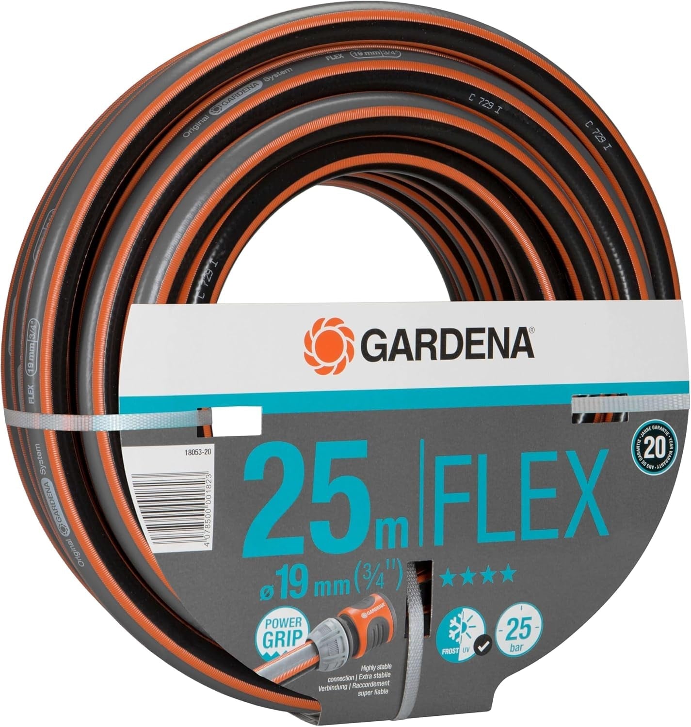 Gardena Comfort FLEX 19 mm (3/4 cala) wąż, 25 m: Elastyczny, stabilny wymiarowo wąż ogrodowy z profilem Power-Grip, wykonany z wysokiej jakości materiału spiralnego, ciśnienie rozrywające 25 bar, bez elementów systemowych (18053-20)
