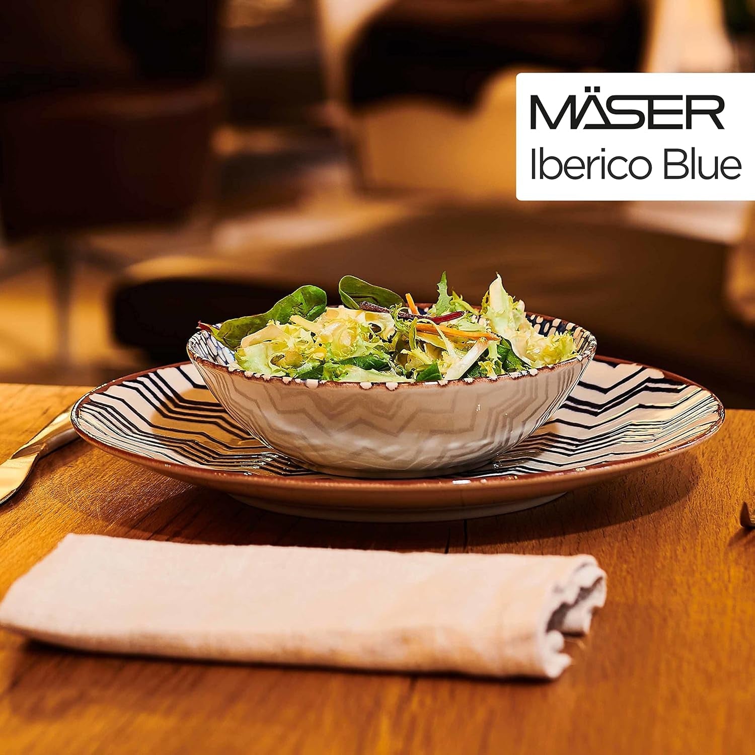 MĘSER 934017 Iberico Blue 4-osobowy zestaw obiadowy, 12-częściowy, w stylu mauretańskim, różne wzory vintage w kolorze białym i niebieskim, ceramika