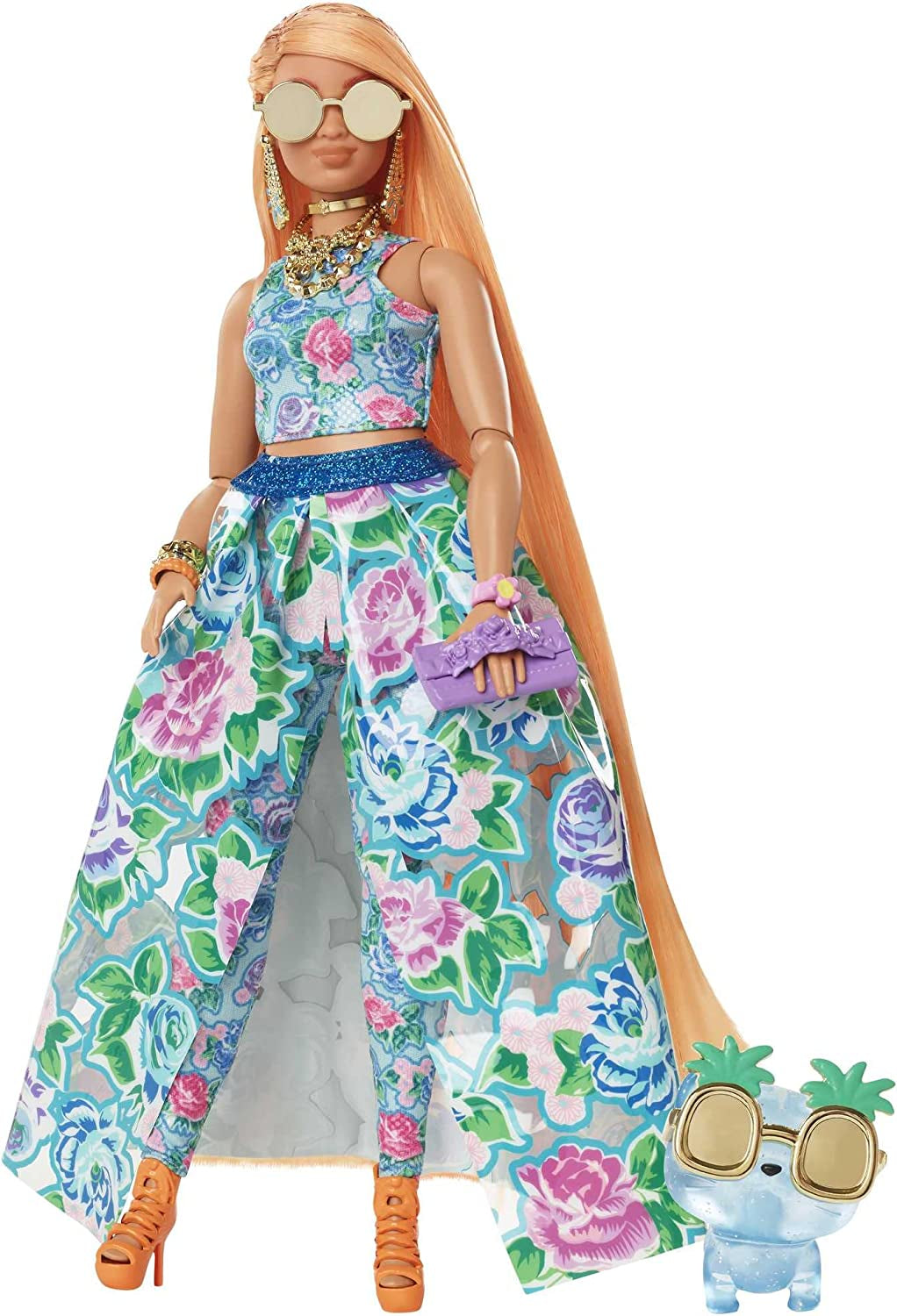 Barbie Extra Fancy, kurvige Langen erdbeerblonden Haaren, zweiteiliges Outfit, Blaue Katze, rosa Handtasche, Ananas-Sonnenbrille, inkl Puppe, als Geschenk geeignet, HHN14