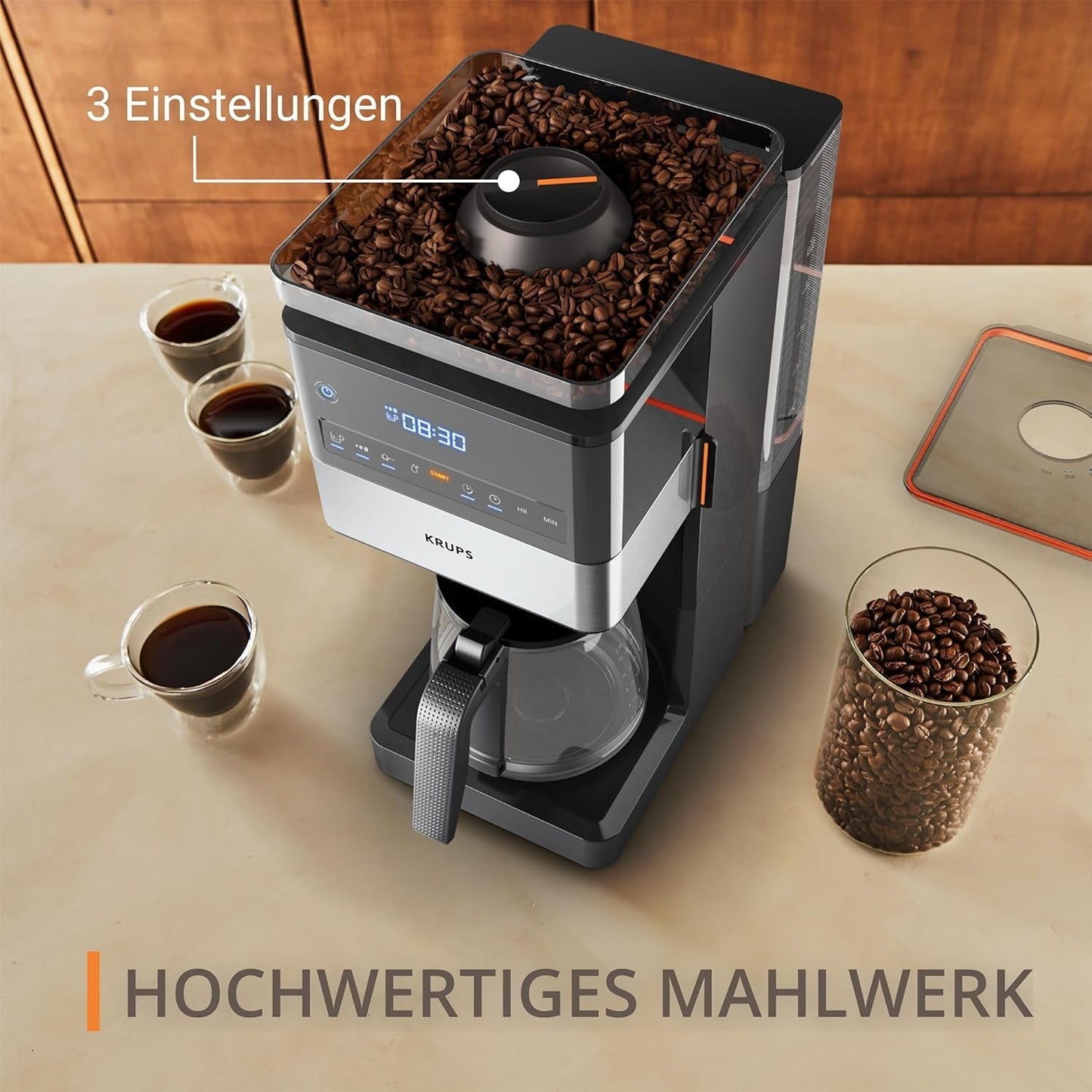 KRUPS Grind Aroma XL Ekspres do kawy, zdejmowany młynek stożkowy, cyfrowy panel sterowania, pojemność XL (1,5 l), funkcja utrzymywania ciepła, szklana karafka, czarny/stal nierdzewna, KM842810