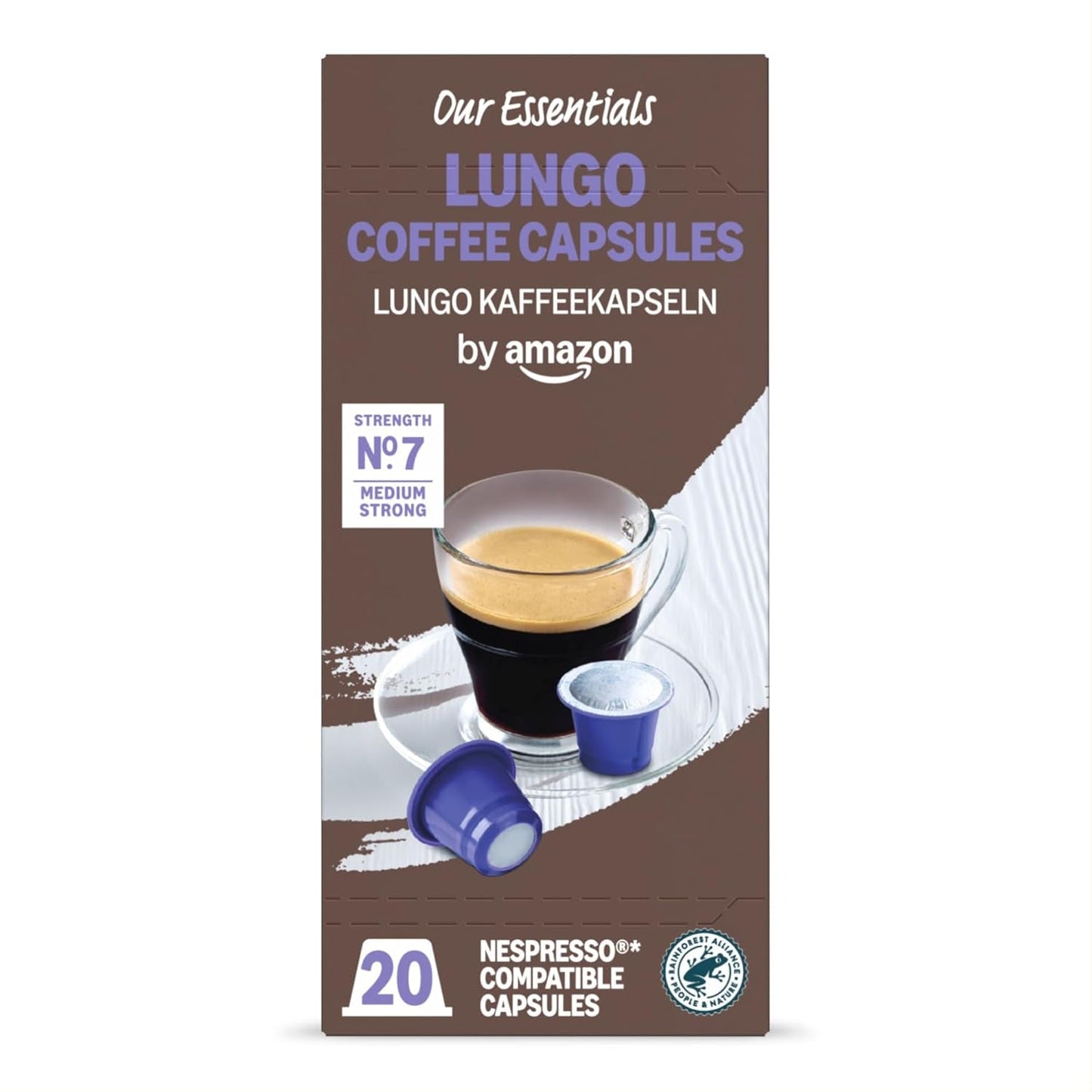 by Amazon Lungo Kaffee-Kunststoffkapseln, kompatybilny z Nespresso, 20 Stück, Packung mit 1 – zertifiziert Rainforest Alliance