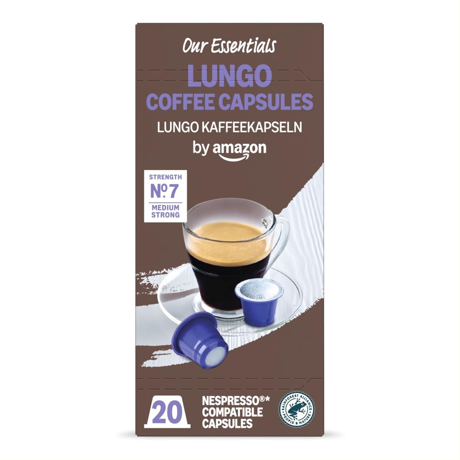 by Amazon Lungo Kaffee-Kunststoffkapseln, kompatybilny z Nespresso, 20 Stück, Packung mit 1 – zertifiziert Rainforest Alliance