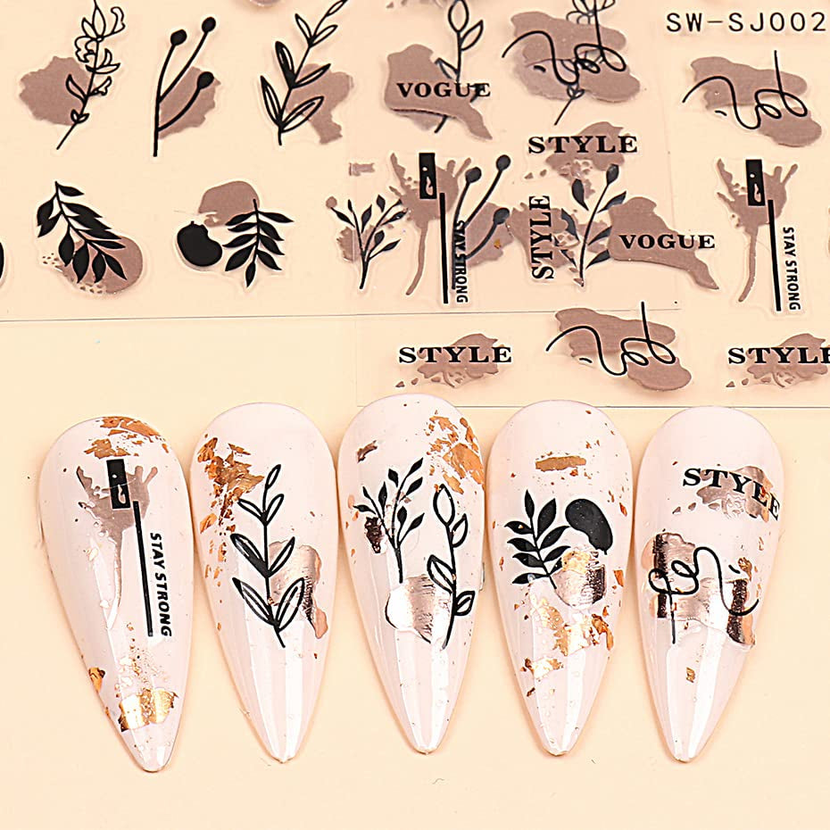 JMEOWIO Nagelsticker Różowe złoto Schwarze Blume 12 Blatt Nail Art Naklejka Selbstklebend Nagelaufkleber Frühlings Linie Abstraktes Blatt Dekoration Nageldesign Zubehör