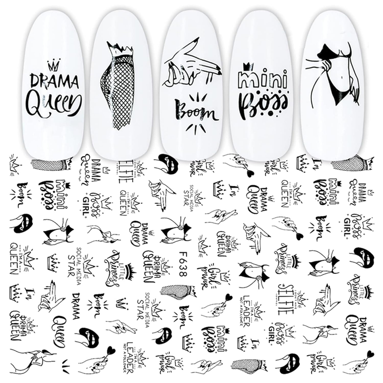 JMEOWIO Nagelsticker Geometria 10 Blatt Nagelaufkleber Selbstklebend Schwarzes Herz Unregelmäßig Geformt Nail Art Naklejka Dekoracja Nageldesign Zubehör