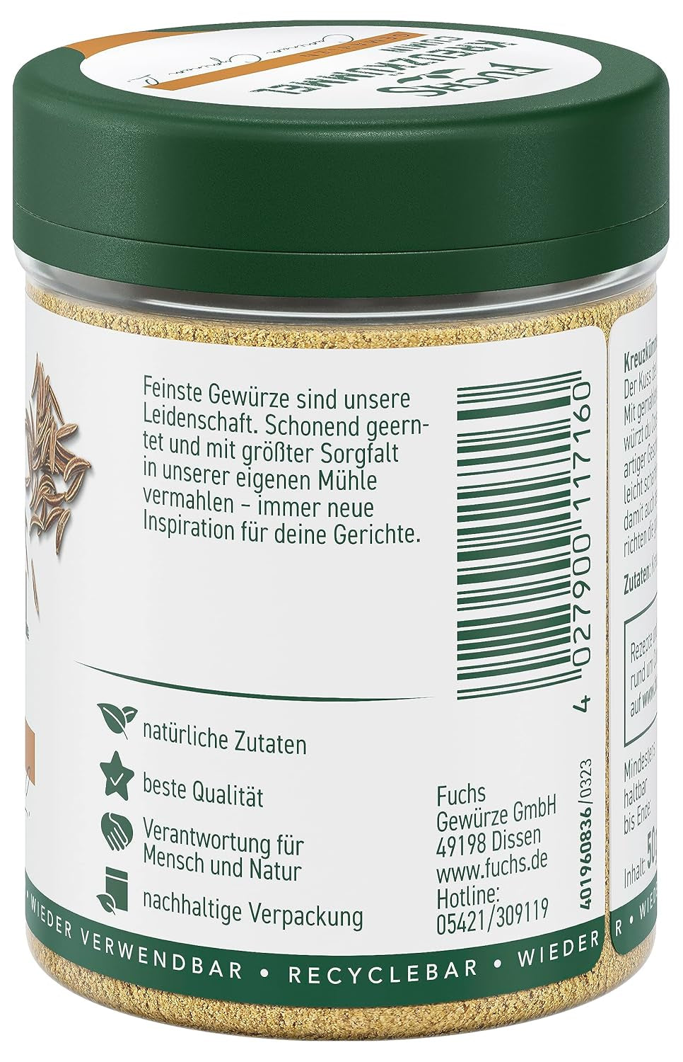 Fuchs Gewürze - Kreuzkümmel gemahlen - zum Würzen von Couscous, Hummus und Falafel - naturalne składniki - 50 g w wiederverwendbarer, recyclebarer Dawka