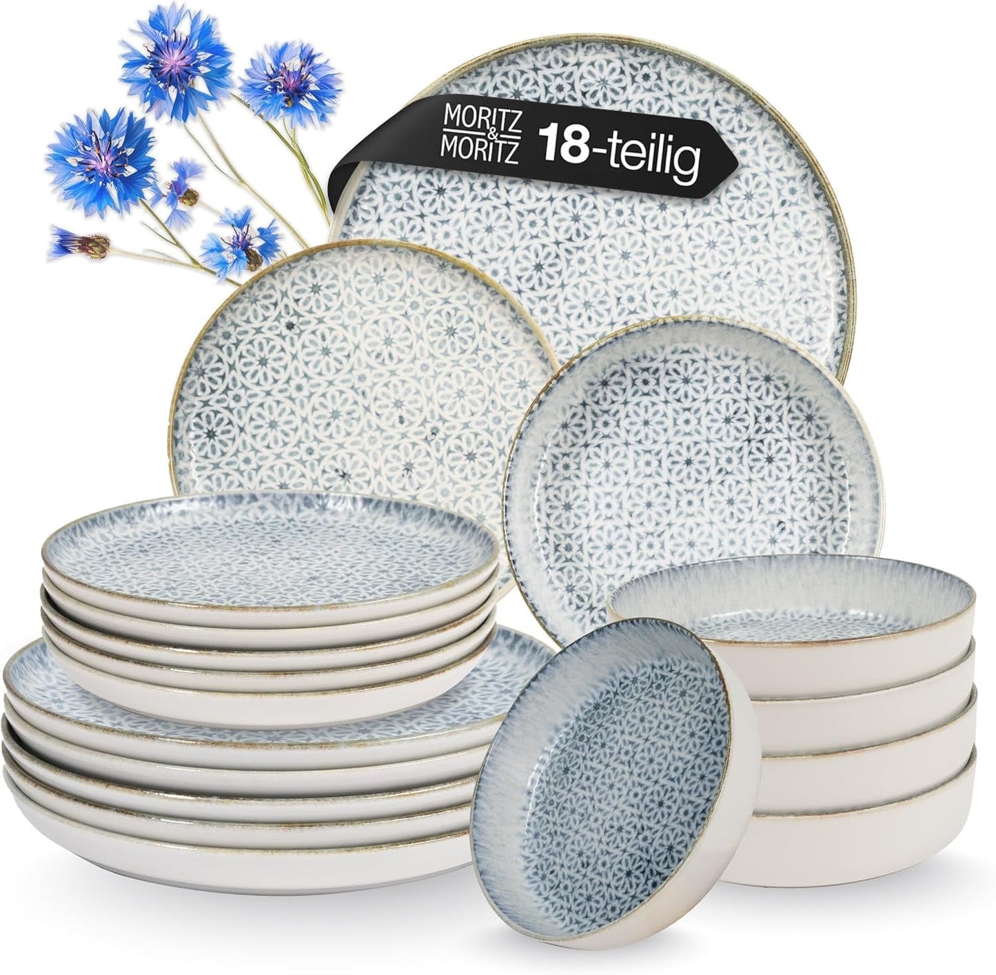 Zestaw naczyń obiadowych Moritz & Moritz ALHAMBRA na 6, 18 sztuk, wysokiej jakości porcelana - Nowoczesne niebieskie naczynia stołowe - Zestaw łatwy w pielęgnacji Zawiera 6 talerzy obiadowych, 6 talerzy deserowych i 6 misek