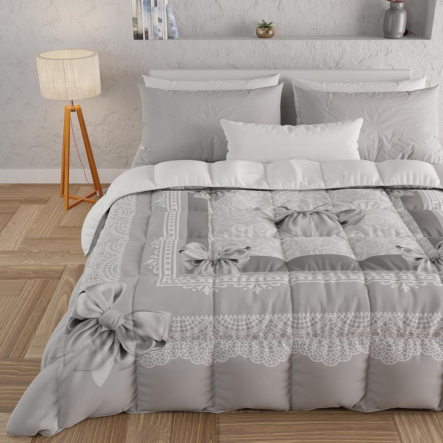 PETTI Artigiani Italiani - Kołdra zimowa, Kołdra zimowa, Prosta kołdra, Dwustronny, Druk monokolorowy i cyfrowy, 100% antyalergiczna mikrofibra, Made in Italy Kołdry i kołdry Naty Shop Szara wstążka 160 X 190 cm
