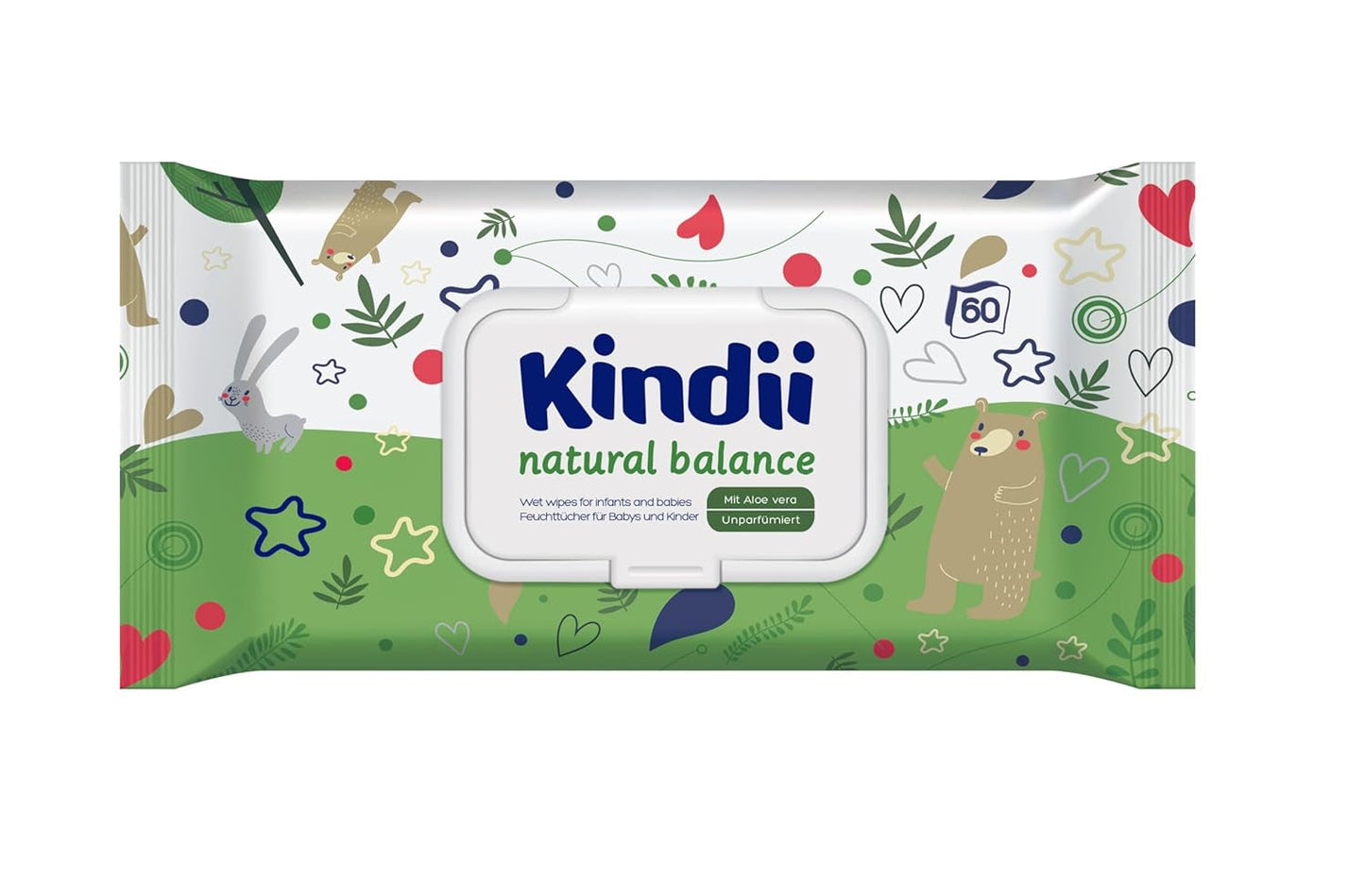 Kindii Natural Balance chusteczki nawilżane dla niemowląt – (1 x 60 szt.) Chusteczki nawilżane dla niemowląt i dzieci – Ochronne, Aloe Vera, Delikatny zapach – 60 szt.