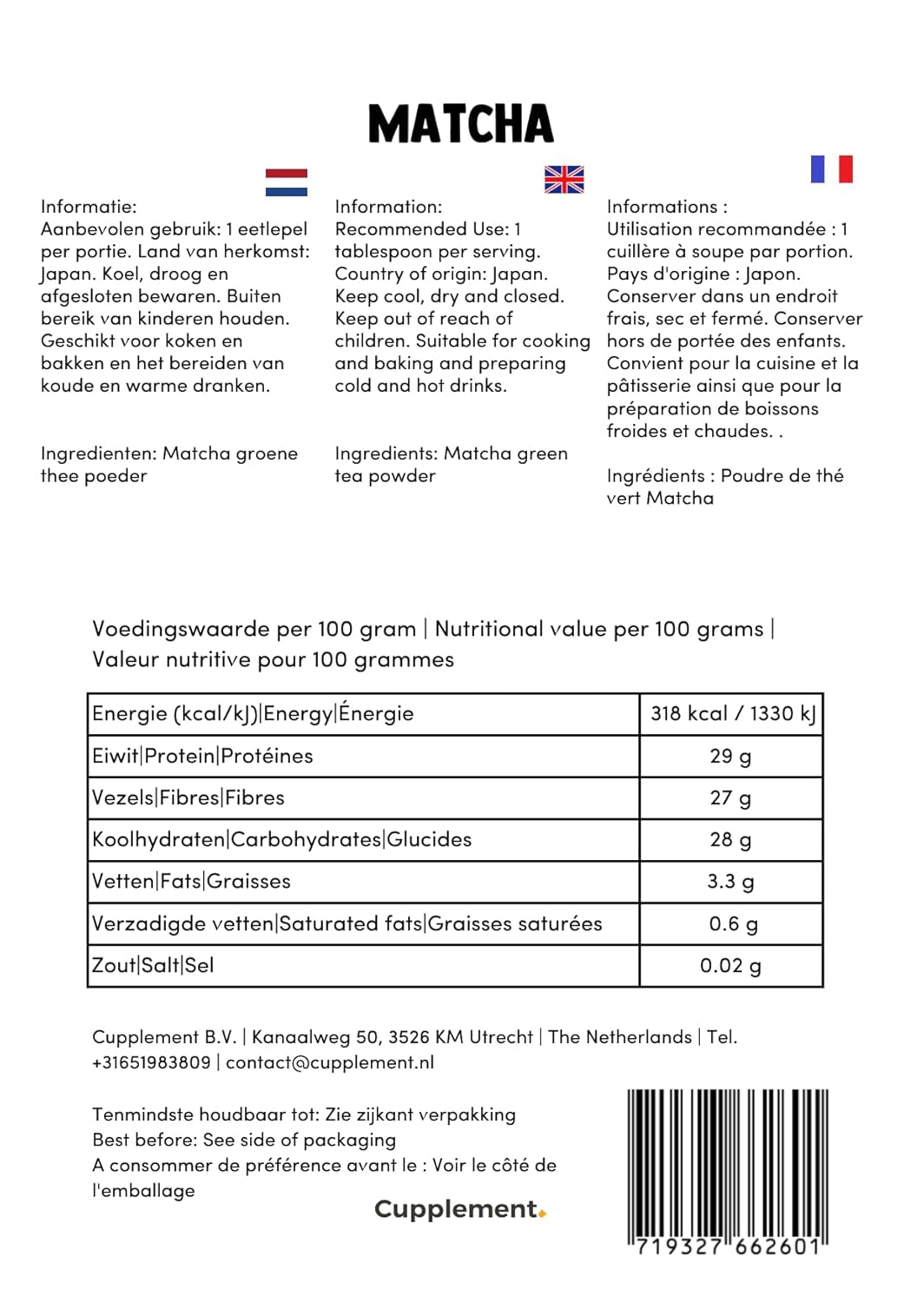 Cupplement Matcha 90 gramów organicznych - Najwyższej jakości sproszkowana zielona herbata - Bez bambusowej trzepaczki i drutu - Kulinarny - Zestaw dla początkujących - Latte - Trzepaczka - Japonia - Proszek - Herbata - Drut - Torba - Smoothie