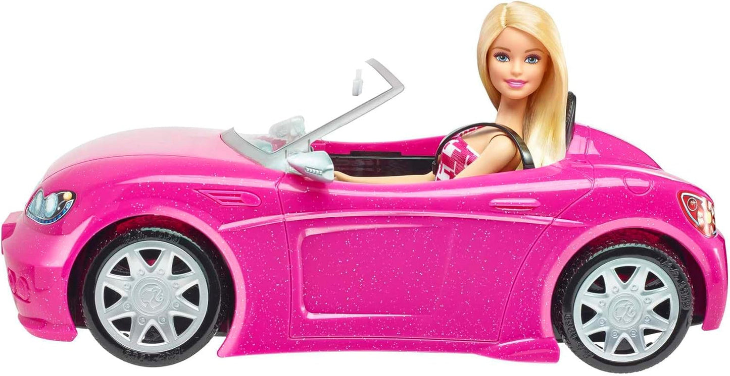 Lalka Barbie i różowy brokatowy kabriolet, realistyczne logo opony, 3-letnia zabawka, DJR55 Naty Shop Dolls