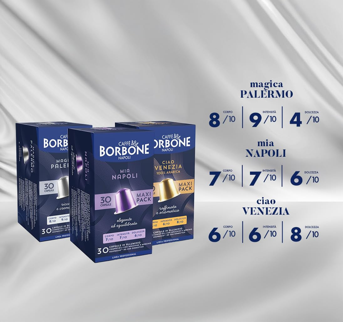 Zestaw Caffè Borbone Verkostung, 90 kapsułek aluminiowych: 30 Mia Napoli, 30 Ciao Venezia, 30 Magica Palermo, (3 x 30 Stück) – Kompatybilny z Kaffeemaschinen für den Hausgebrauch marki Nespresso®*
