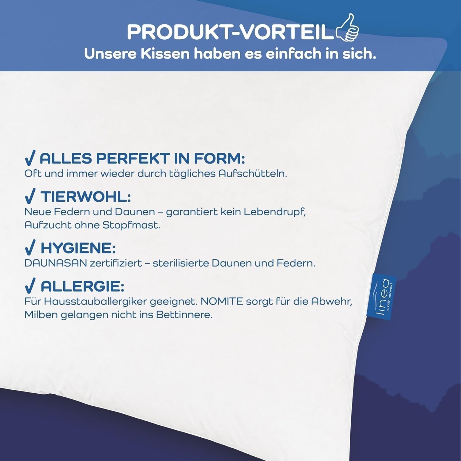 LINEA by Böhmerwald - Cosy - Wysokiej jakości poduszka Balance, 80X80, 70% pierza klasy 1, 30% nowego puchu, odpowiednia dla alergików, można prać w temperaturze do 60°C, wyprodukowano w Niemczech Poduszki standardowe Naty Shop