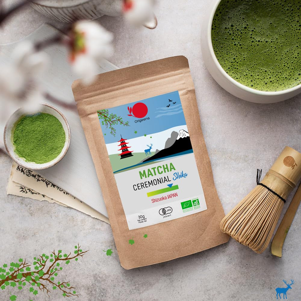 ORIGEENS BIO MATCHA CEREMONIAL GRADE „SHIKA” - Organiczna japońska herbata z Shizuoki - Matcha Latte/Usucha - 30g torebka uzupełniająca - Ceremonial Grade Organiczna zielona herbata Matcha w proszku