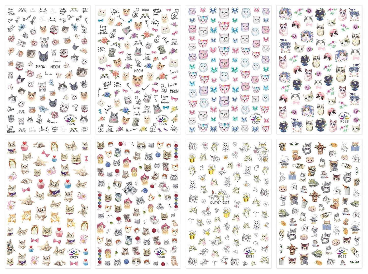 JMEOWIO Nagelsticker Tierische 8 Blatt Nail Art Naklejka Selbstklebend Nagelaufkleber Katze Niedlich Dekoration Nageldesign Zubehör