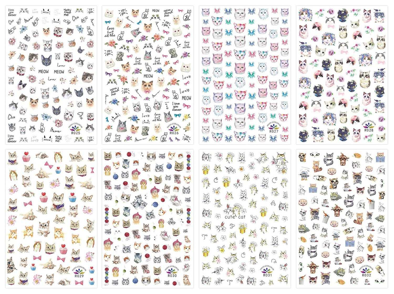 JMEOWIO Nagelsticker Tierische 8 Blatt Nail Art Naklejka Selbstklebend Nagelaufkleber Katze Niedlich Dekoration Nageldesign Zubehör