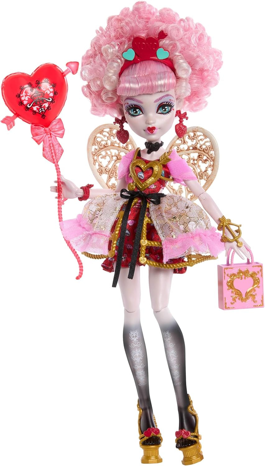 Straszna lalka Monster High Sweet Birthday Cupid Asteria w różowej i czerwonej sukience imprezowej z akcesoriami tematycznymi, takimi jak zaproszenie, balon, prezent i nie tylko, JBG77
