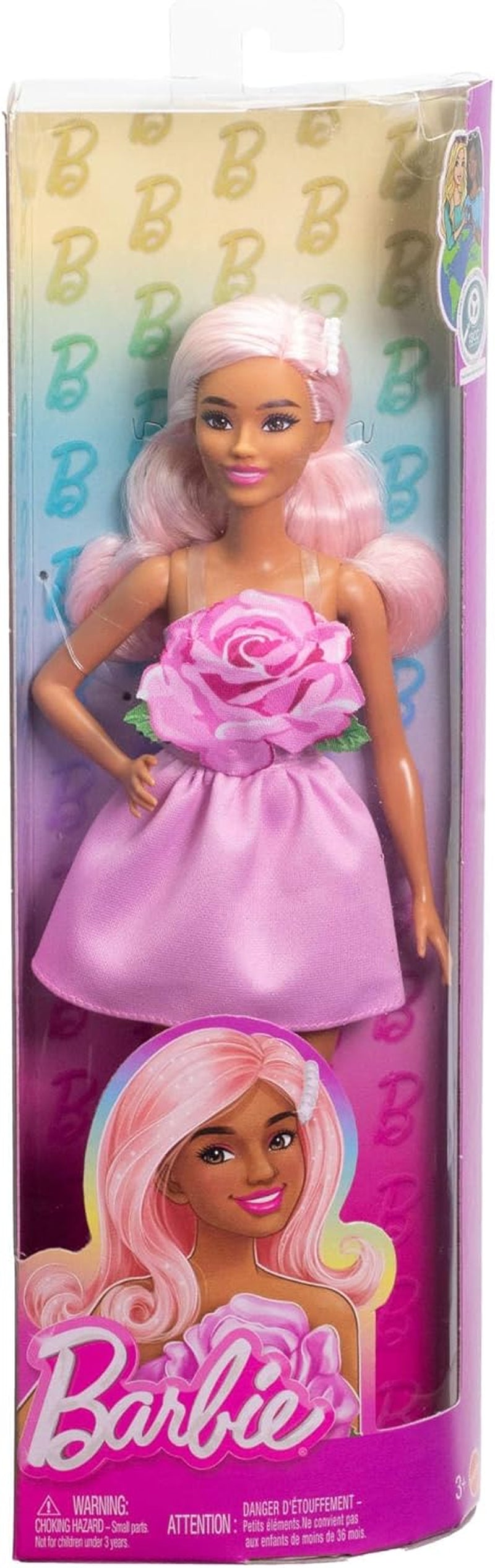 Lalka Barbie Fashionistas nr. 238 z pastelowymi różowymi włosami, sukienką bez ramiączek z różowym stanikiem, perłową spinką do włosów oraz szpilkami i spinkami, HYT94