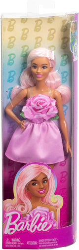 Lalka Barbie Fashionistas nr. 238 z pastelowymi różowymi włosami, sukienką bez ramiączek z różowym stanikiem, perłową spinką do włosów oraz szpilkami i spinkami, HYT94