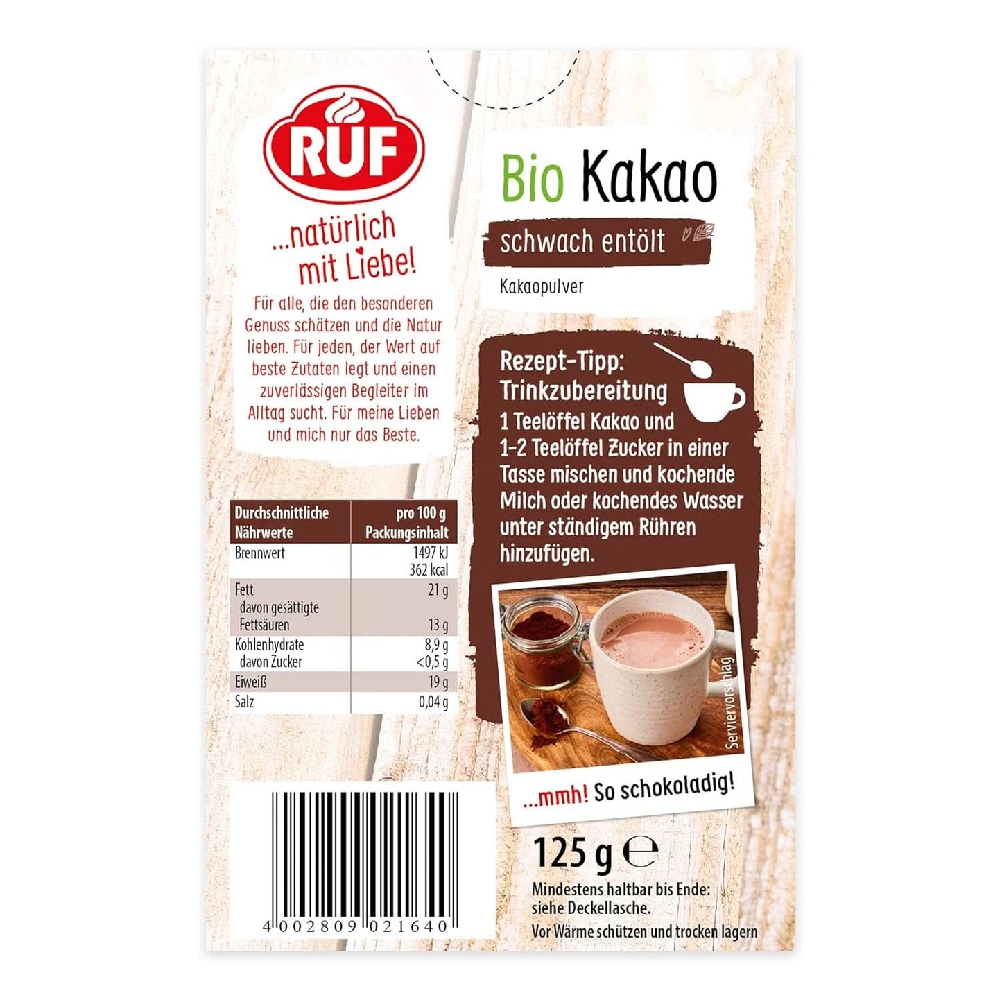 Proszek kakaowy RUF organicznej jakości, 125 gramów Kakao i gorąca czekolada Naty Shop