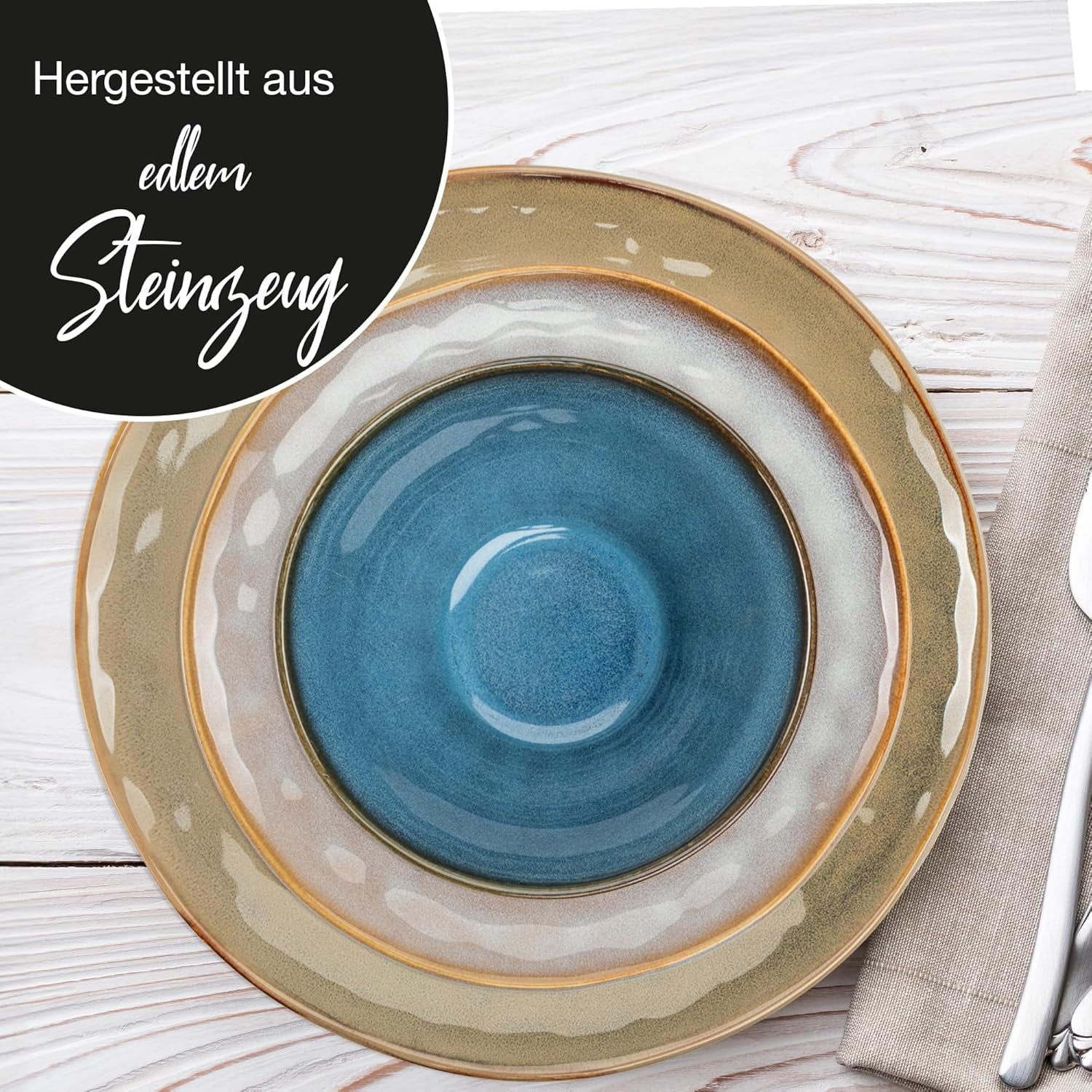 Moritz & Moritz COPA 16-tlg Geschirrset 4 Personen - Elegantes Teller Set aus hohrstandigem Steinzeug - Geschirr Set 4 Personen aus je 4x Obiadowy, Deserteller, Müslischale i Kaffeebecher
