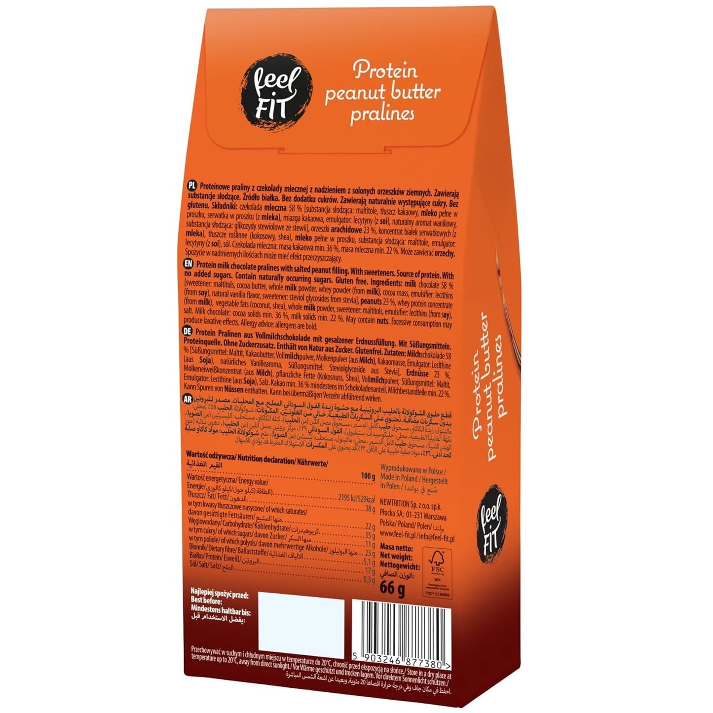 Feel FIT Praliny proteinowe z masłem orzechowym w wysokiej jakości mlecznej czekoladzie, bez dodatku cukru, 17% białka, bezglutenowe 66g (1 opakowanie)