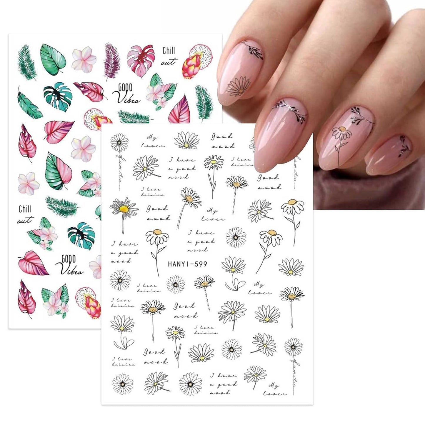 JMEOWIO Nagelsticker Frühling Blumen 10 Blatt Nail Art Naklejka Selbstklebend Nagelaufkleber Buntes Sommer Blumen Dekoration Nageldesign Zubehör