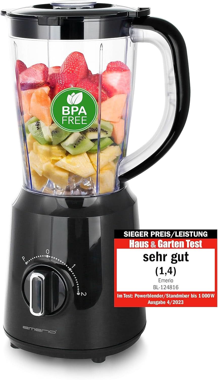 Mikser stojący Emerio BPA Frei Crush Ice Funktion 1,5 l Behälter 2 Geschwindigkeiten + Pulse Funktion Messereinheit Aus Edelstahl Sicherheitsschalter Geschirrspülgeeignet 500 Watt BL-12816.8 Schwarz Bucatarie Naty Shop Schwarz