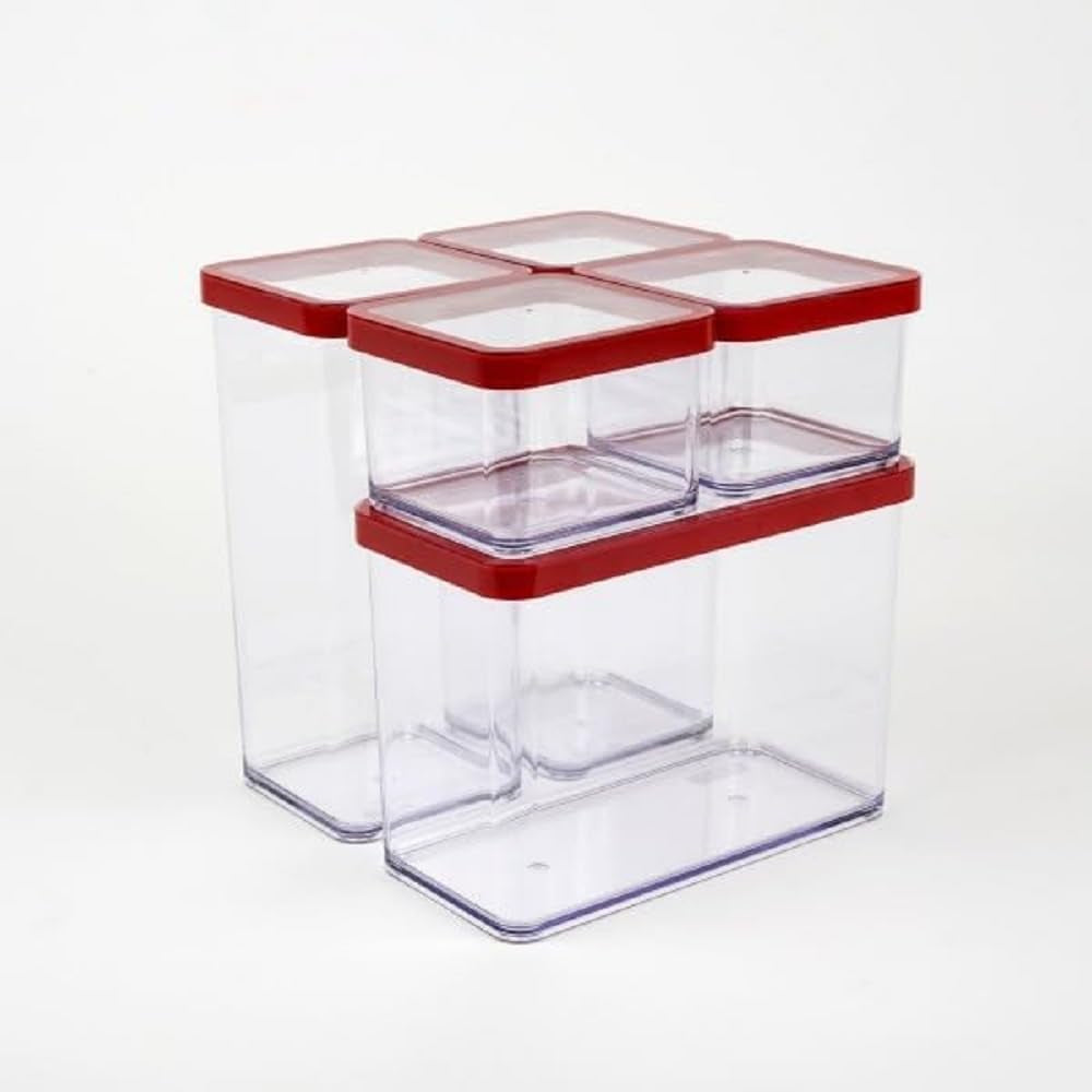 Rotho Loft Zestaw 5 słoików do przechowywania z pokrywkami, różne rozmiary, plastik spożywczy (PP), nie zawiera BPA, przezroczysty/czerwony, (21,4 x 21,4 x 23,5 cm) Zestaw 5 pudełek do przechowywania żywności Naty Shop (1X 2,1 l + 2 x 1,5 l + 2 x 0,5 l)