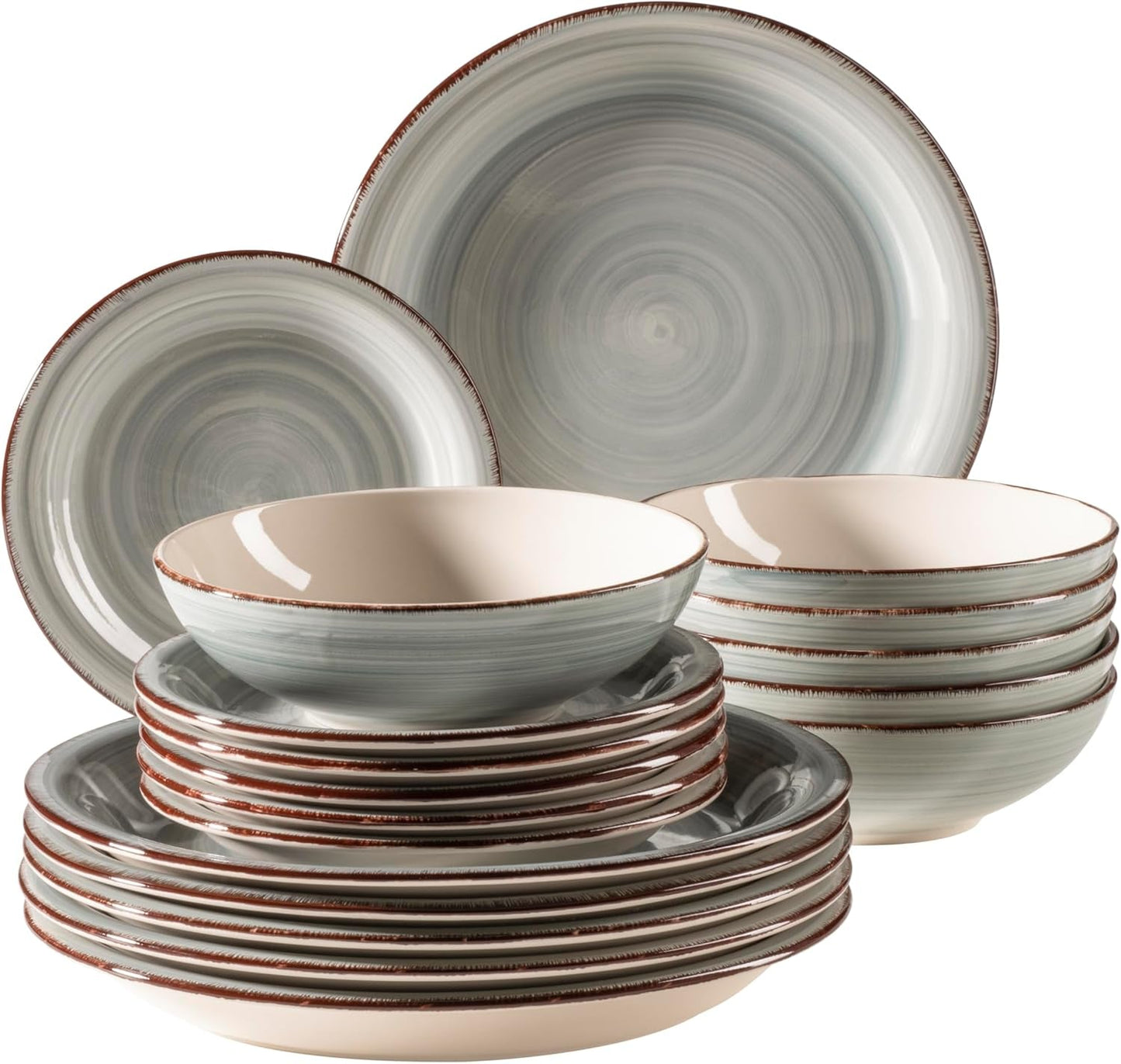MĘSER 931875 Zestaw naczyń obiadowych Bel Tempo II dla 6 osób, nowoczesny wygląd vintage, 18-częściowy serwis stołowy, ręcznie malowane ceramiczne naczynia stołowe, kamionka, przydymiony błękit